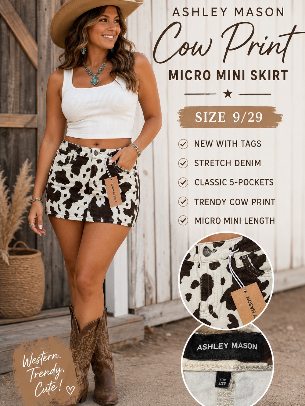 NWT Ashley Mason Cow Print Micro Mini Skirt Size 9/29 Western Y2K - Picture 1 of 10
